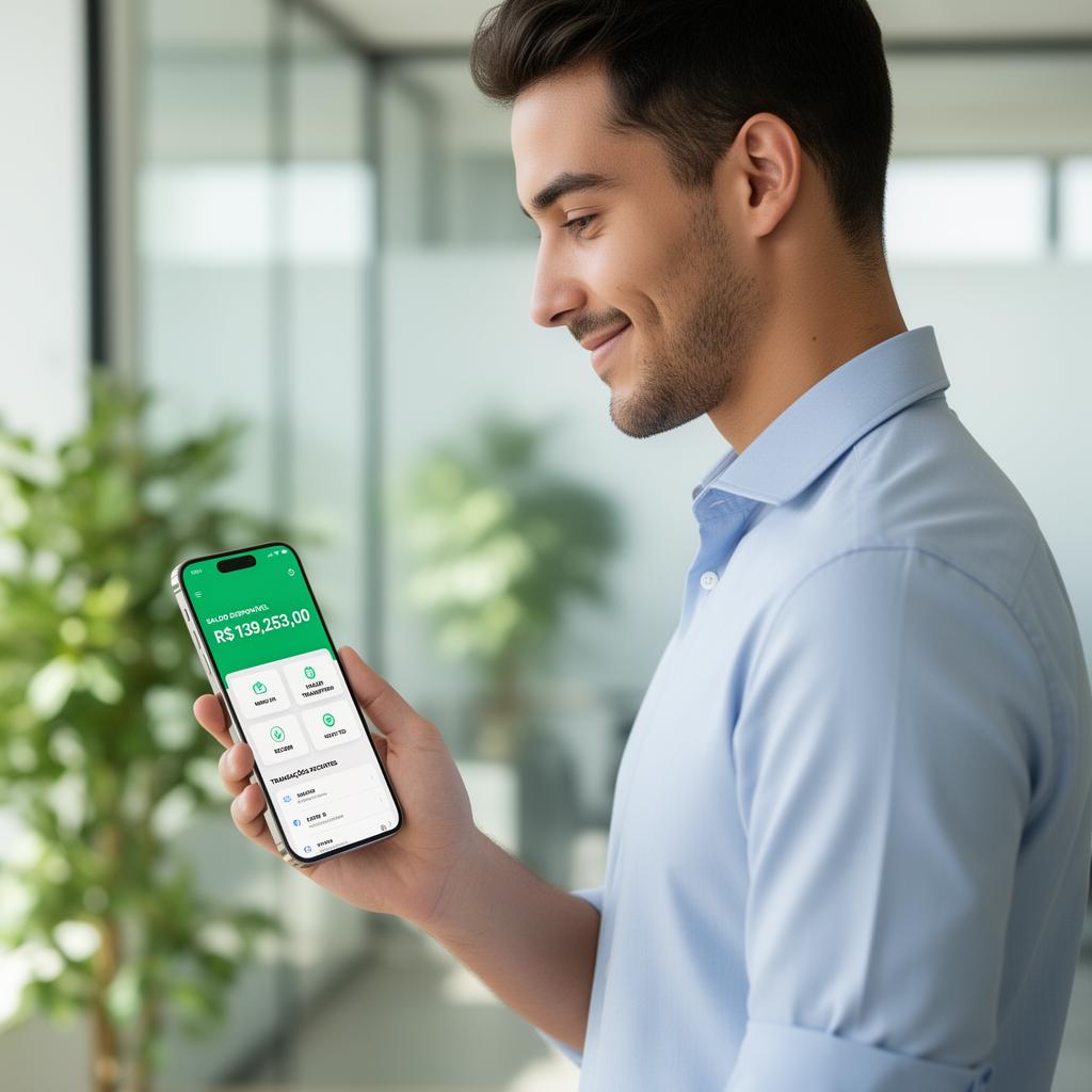 Cliente segurando um iPhone com o app BS Finance